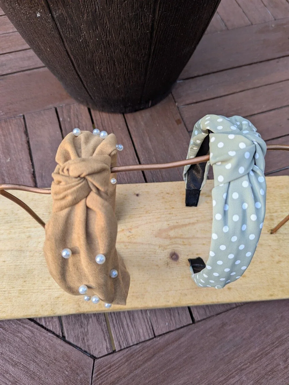 2 Knot Headband Bundle | Sage Green Polka Dot & Camel Pearl Headbands